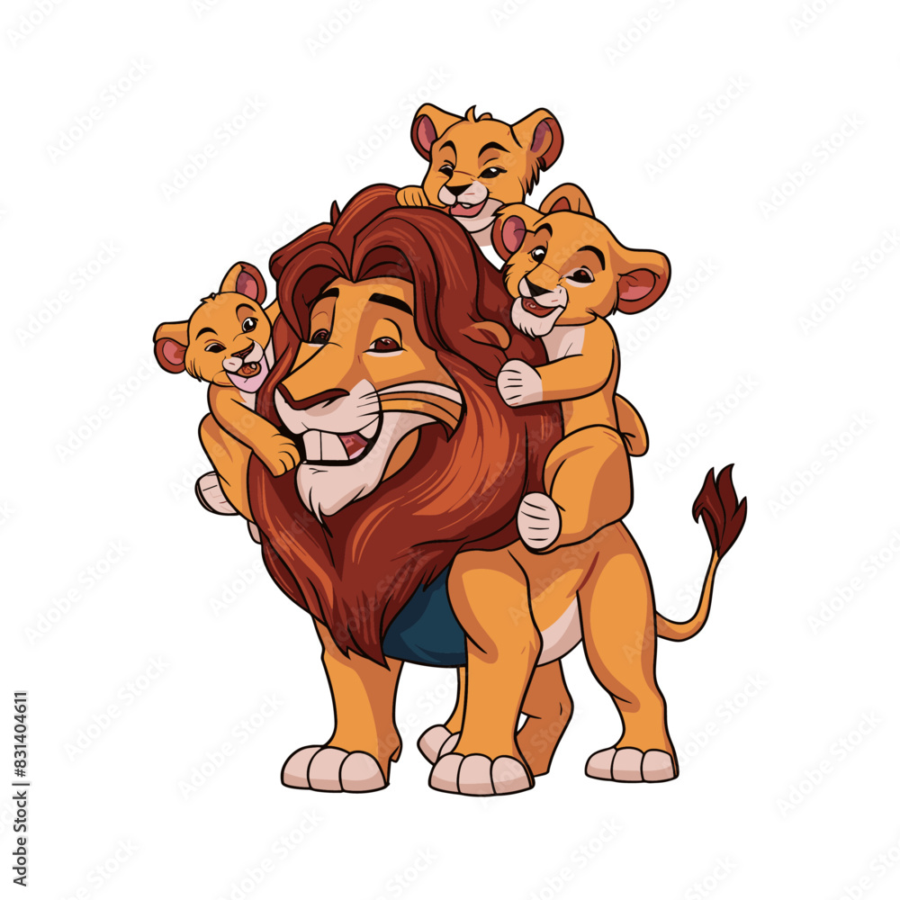 Naklejka premium A lion dad carries cubs on his back, showing love and playfulness in the family vector illustration. Generative AI