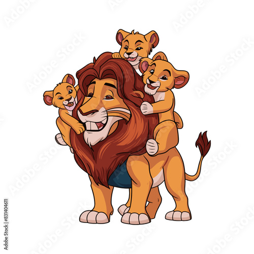 A lion dad carries cubs on his back, showing love and playfulness in the family vector illustration. Generative AI