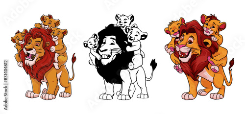 A lion dad carries cubs on his back, showing love and playfulness in the family vector illustration. Generative AI