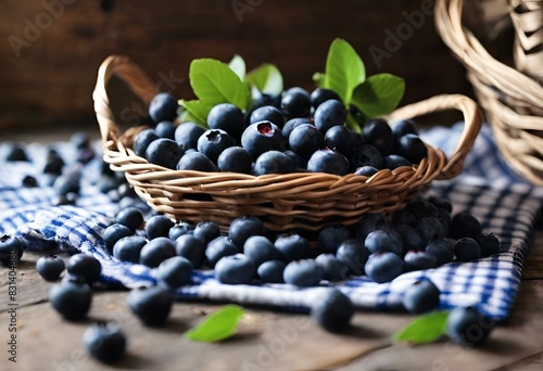 AI generated illustration of fresh blueberries and a basket of berries on a wooden table