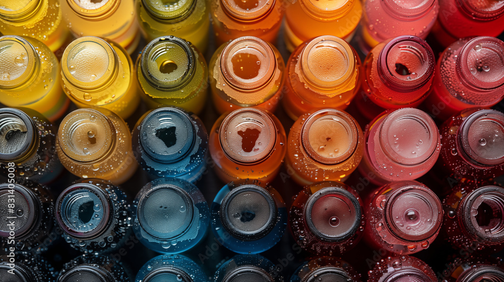 Wallpaper with Small Bottles Filled with Cosmetic Substances of Various Colors. Concept of Beauty and Skincare. Wallpaper with Small Bottles Filled with Cosmetic Substances of Various Colors. Concept of Beauty and Skincare.