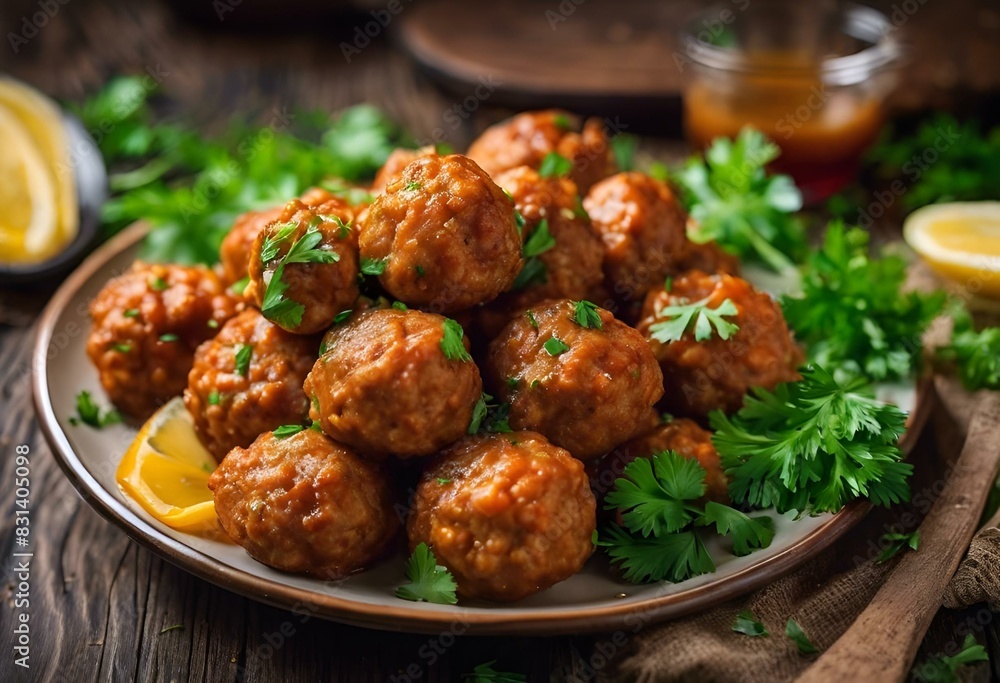 AI generated illustration of plate with meatballs on a table, ready to eat AI generated illustration of plate with meatballs on a table, ready to eat