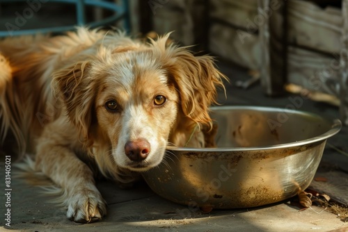 Patient dog lies next to an empty bowl  eagerly waiting for food