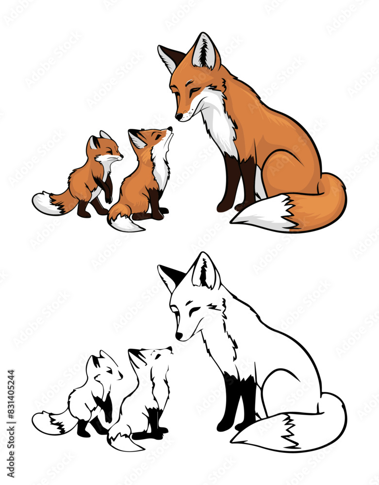 Obraz premium Fox's mom teaches her kits to hunt, in a fun and playful way vector illustration. Generative AI