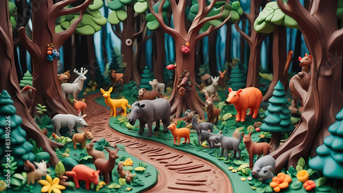 The path goes through the forest, there are many trees and animals around. everything is made of plasticine photo