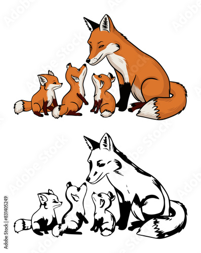 Fox's mom teaches her kits to hunt, in a fun and playful way vector illustration. Generative AI