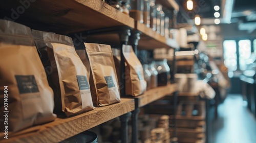 Shelves in a cozy, modern cafe adorned with various packaged coffee bags, illuminated by soft daylight. Other coffee-related accessories and decor items are also visible. photo