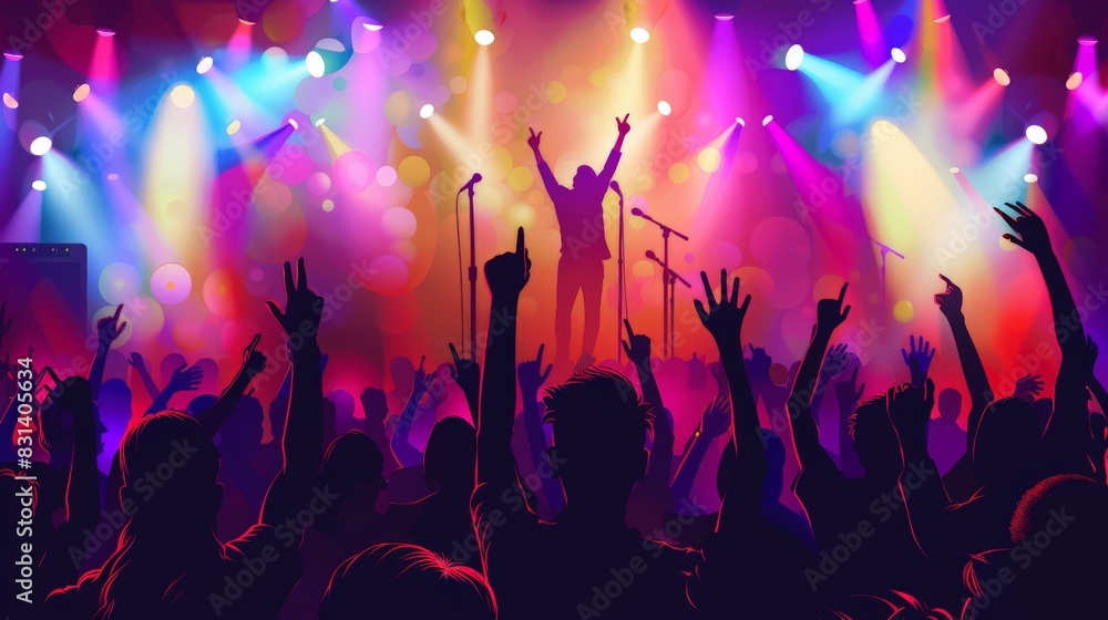 Vibrant concert scene with a lively crowd raising their hands under colorful stage lights. Captures the energy and excitement of live music festivals and performances. Vibrant concert scene with a lively crowd raising their hands under colorful stage lights. Captures the energy and excitement of live music festivals and performances.
