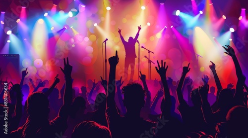 Wallpaper Mural Vibrant concert scene with a lively crowd raising their hands under colorful stage lights. Captures the energy and excitement of live music festivals and performances. Torontodigital.ca