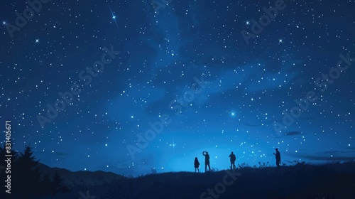 Midnight marvel, individuals enchanted by stargazing under the clear night sky