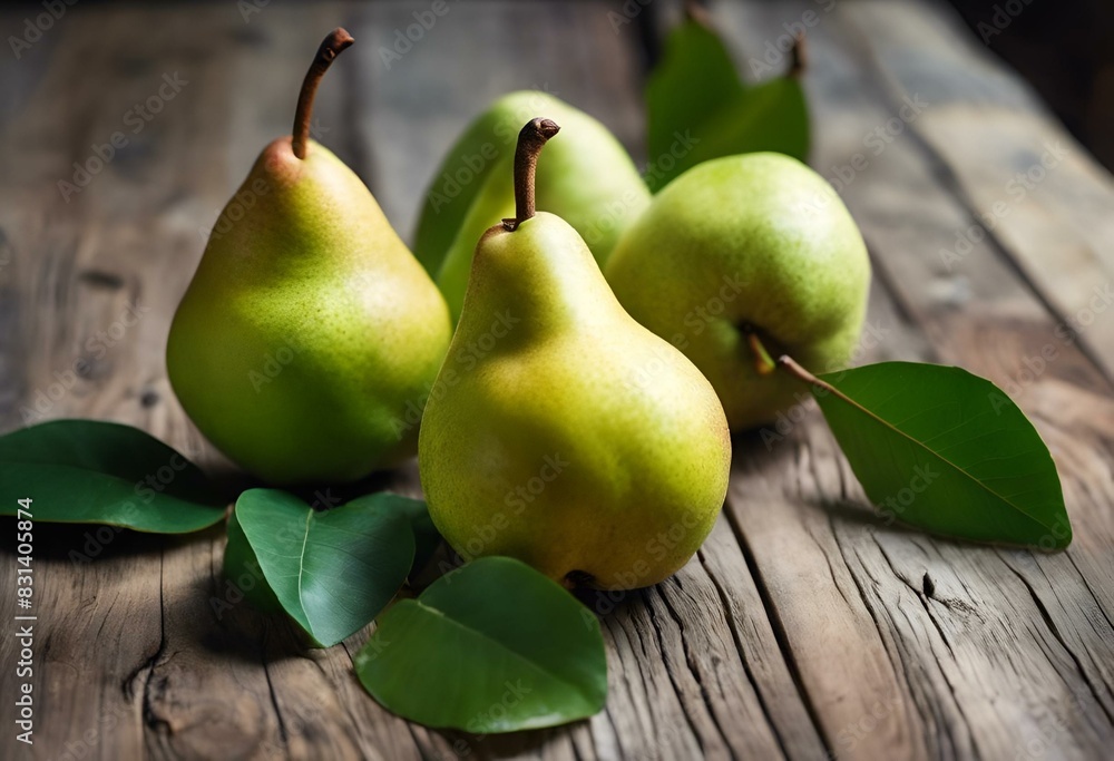 AI generated illustration of pears on a wooden table with leaves AI generated illustration of pears on a wooden table with leaves