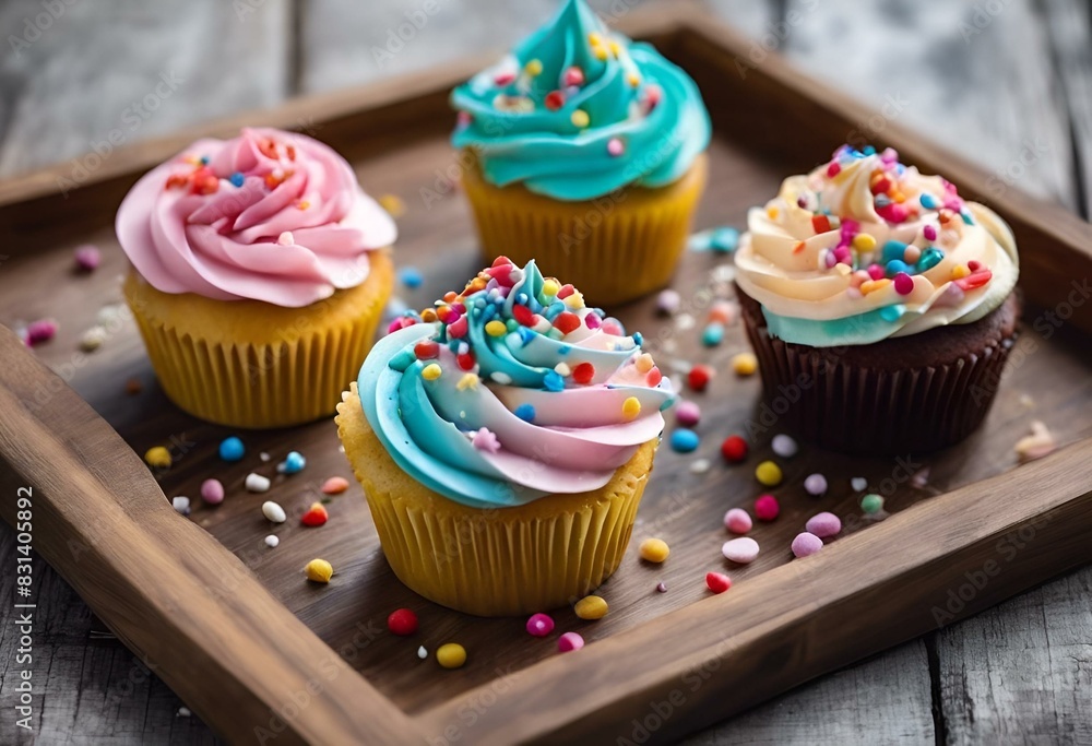 AI generated illustration of cupcakes with vibrant icing on a rustic wooden platter AI generated illustration of cupcakes with vibrant icing on a rustic wooden platter
