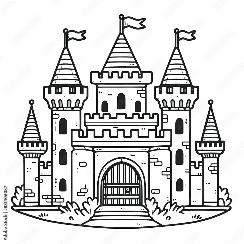 Naklejka premium Fairy Tale Castle Coloring Page with Whimsical Design