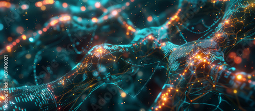 A futuristic digital landscape featuring an intricate web of glowing neural networks interconnected with streams of binary code flowing seamlessly through the matrix photo