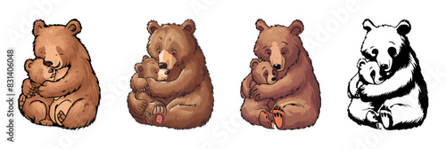 A bear lovingly hugs its cub, showing warmth and care in vector illustration. Generative AI