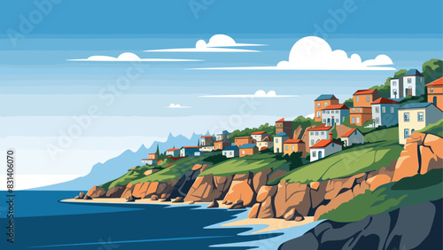 Breathtaking Landscape of a Quiet Village Overlooking the Sea, Rendered in Detailed Vector Art