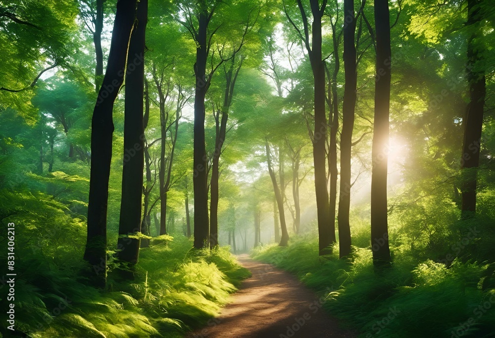 Obraz premium AI generated illustration of a sunset in a forest with a dirt road and sun peeking through trees