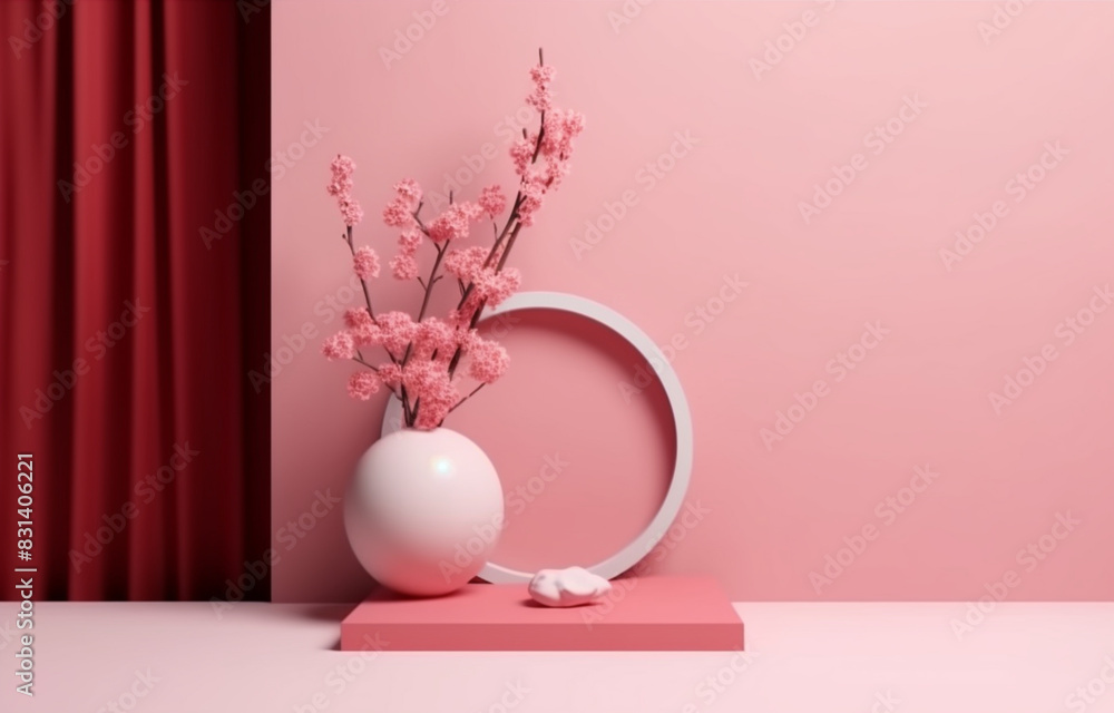 Blank podium with minimalist design against pink walls for product presentation. The composition focuses on the front view of the contemporary stage,Generative AI,製品プレゼンテーションのために、ピンクの壁を背景にしたミニマリストなデザイ Blank podium with minimalist design against pink walls for product presentation. The composition focuses on the front view of the contemporary stage,Generative AI,製品プレゼンテーションのために、ピンクの壁を背景にしたミニマリストなデザイ