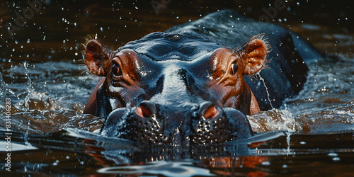 hippopotamus in the water, spraying water from its mouth hippo has large ears and a long snout eyes are open and it appears to be looking straight  photo