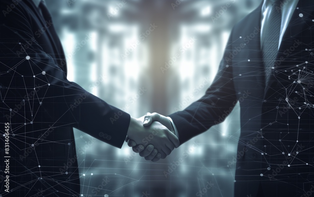 Shaking hands with a digital partner in front of a futuristic ...