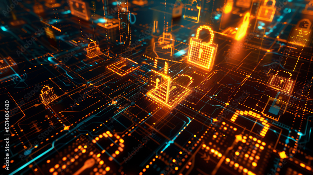 A sleek digital background portraying a highly-secured data encryption system, with overlapping digital locks, encrypted codes, and glowing padlocks forming a complex pattern A sleek digital background portraying a highly-secured data encryption system, with overlapping digital locks, encrypted codes, and glowing padlocks forming a complex pattern