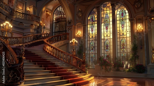 A grand staircase with a sweeping curve and a stunning stained glass window