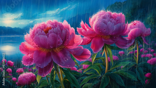 A calm landscape with tall bright pink peonies illuminated by diffused light. The flowers are decorated with dew drops that reflect a soft glow and enhance their charm.