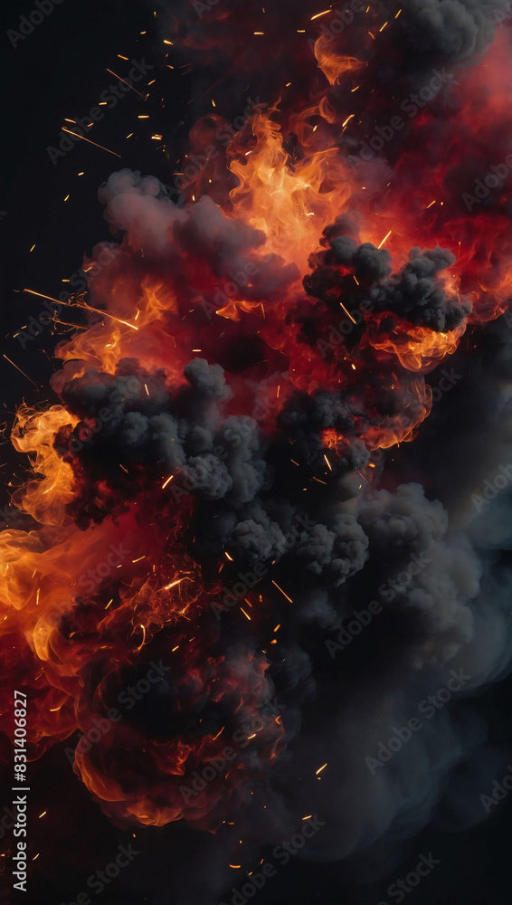 Fiery backdrop with billowing black and red smoke and sparks of fire, evoking a sense of energy and intensity.
