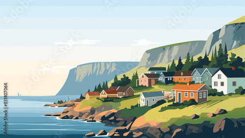 Breathtaking Landscape of a Quiet Village Overlooking the Sea, Rendered in Detailed Vector Art