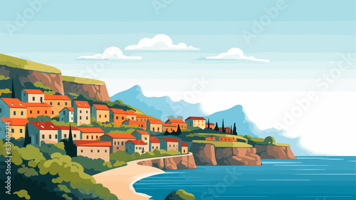 Breathtaking Landscape of a Quiet Village Overlooking the Sea, Rendered in Detailed Vector Art