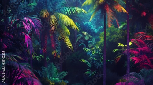Vibrant Tropical Palm Trees in a Lush Forest During Sunset