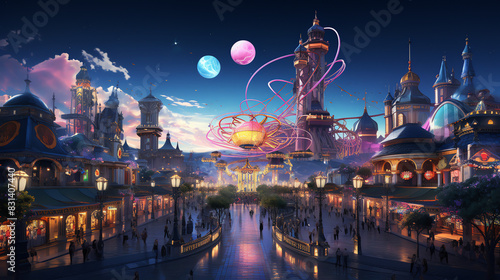 An illustration of a fantasy city with bright lights, a Ferris wheel, and people walking around.