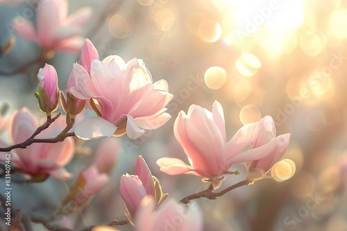 Bright pink magnolia flowers in sunlight blooming on branches in the sun s rays