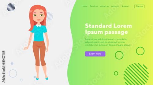 Beautiful young girl with long red hair. Female teenager in T-shirt and breeches. Vector illustration Woman, beauty, fashion concept for banner, website design, landing page