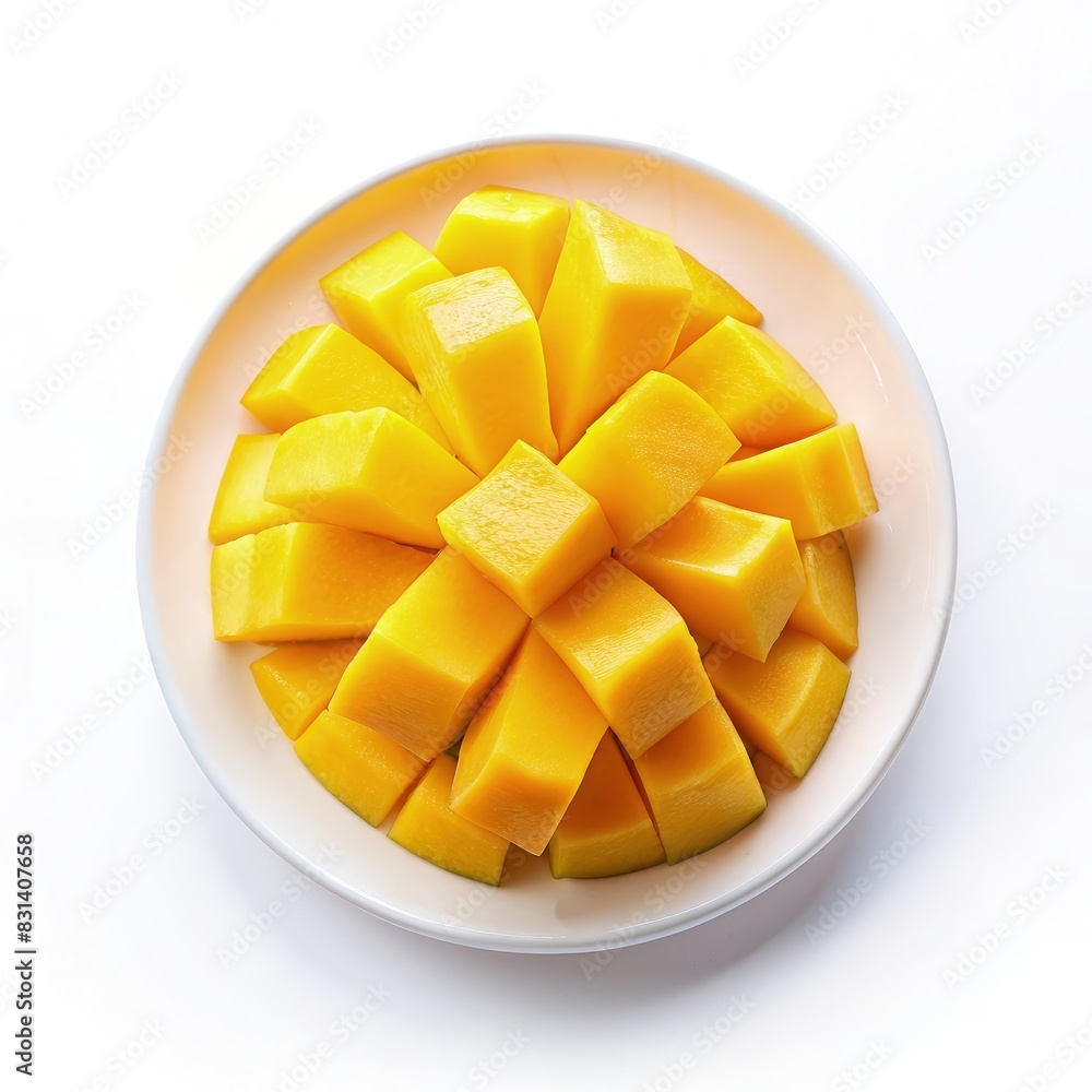 Sliced Mangos on White Plate. Generative AI Sliced Mangos on White Plate. Generative AI