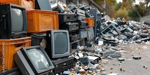 Electronic waste or ewaste is the result of people disposing of electronic devices they no longer need. Concept Recycling, Environmental Impact, Technology, Consumer Behavior, Sustainable Practices photo