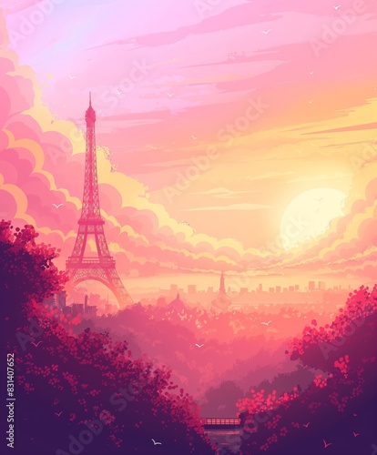 Eiffel Tower at Sunset With Vibrant Pink and Purple Sky in Paris, France