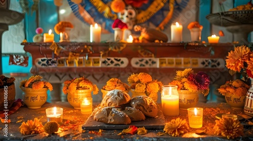 Mexican Day of the Dead Celebration Altar Decor. Festive Day of the Dead Altar with Cempasúchil and Offerings. 