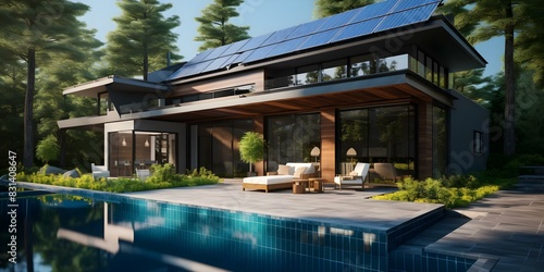 Converting Sunlight to Electricity: The Sustainable Living Benefits of House Solar Panels. Concept Solar energy, Sustainable living, Renewable resources, Energy efficiency, Environmental impact