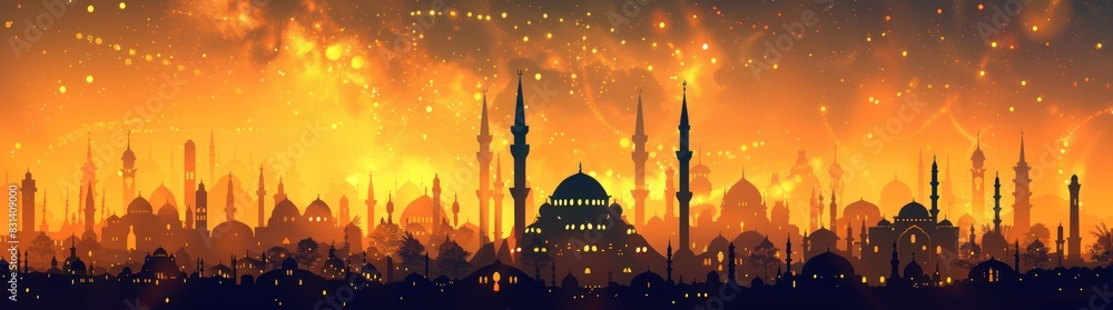 Silhouette of an Islamic mosque and buildings against the vibrant sunset sky