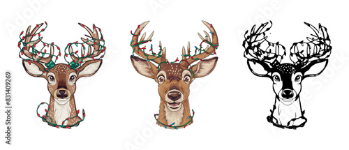 Deer with antlers tangled in bright Christmas lights, spreading holiday cheer vector illustration. Generative AI