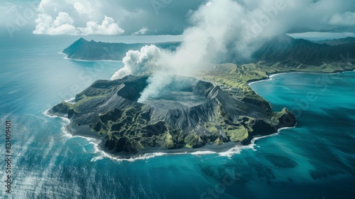 Aerial shot of a volcanic island surrounded by turquoise waters, with plumes of smoke rising from the crater, creating a stark contrast against the serene seascape
