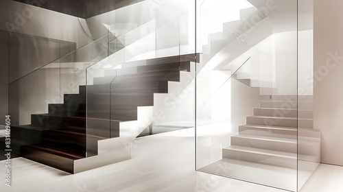 A minimalist staircase with steps that alternate between transparent glass and rich, dark wood for a striking contrast