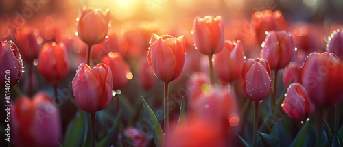 As the morning sun gently caressed the dew-kissed petals of the vibrant tulips photo