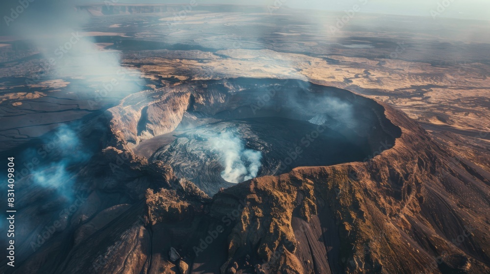 Fototapeta premium Aerial view of a volcanic crater emitting smoke and steam, surrounded by rugged terrain and barren landscapes