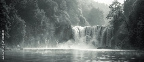 In the tranquil solitude of a mist-shrouded glade, the ethereal beauty of a cascading waterfall captivated the senses, its gentle roar harmonizing with the symphony of nature