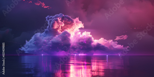 A purple cloud is illuminated by pink and blue lights  surrounded by a dark sky filled with stars