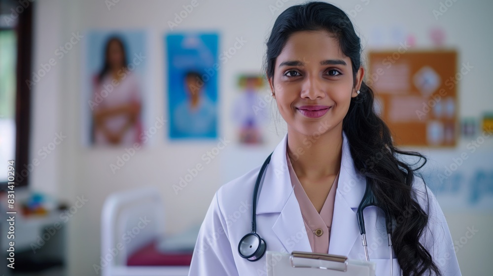 Female Indian Doctor Smiling in a Clinic Setting for Medical and Healthcare Promotion, Diversity Representation in Medicine Female Indian Doctor Smiling in a Clinic Setting for Medical and Healthcare Promotion, Diversity Representation in Medicine