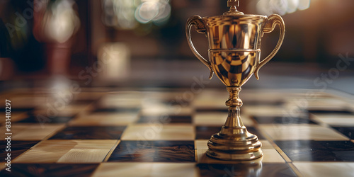 A trophy is on a chess board surrounded by chess pieces photo