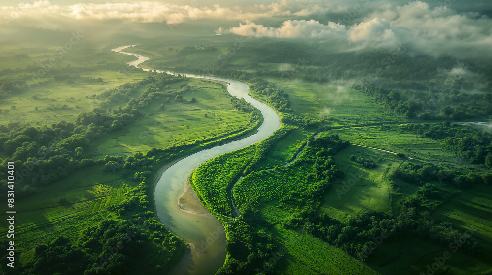 Aerial view of a beautiful green landscape with a meandering river outdoors in nature Aerial view of a beautiful green landscape with a meandering river outdoors in nature